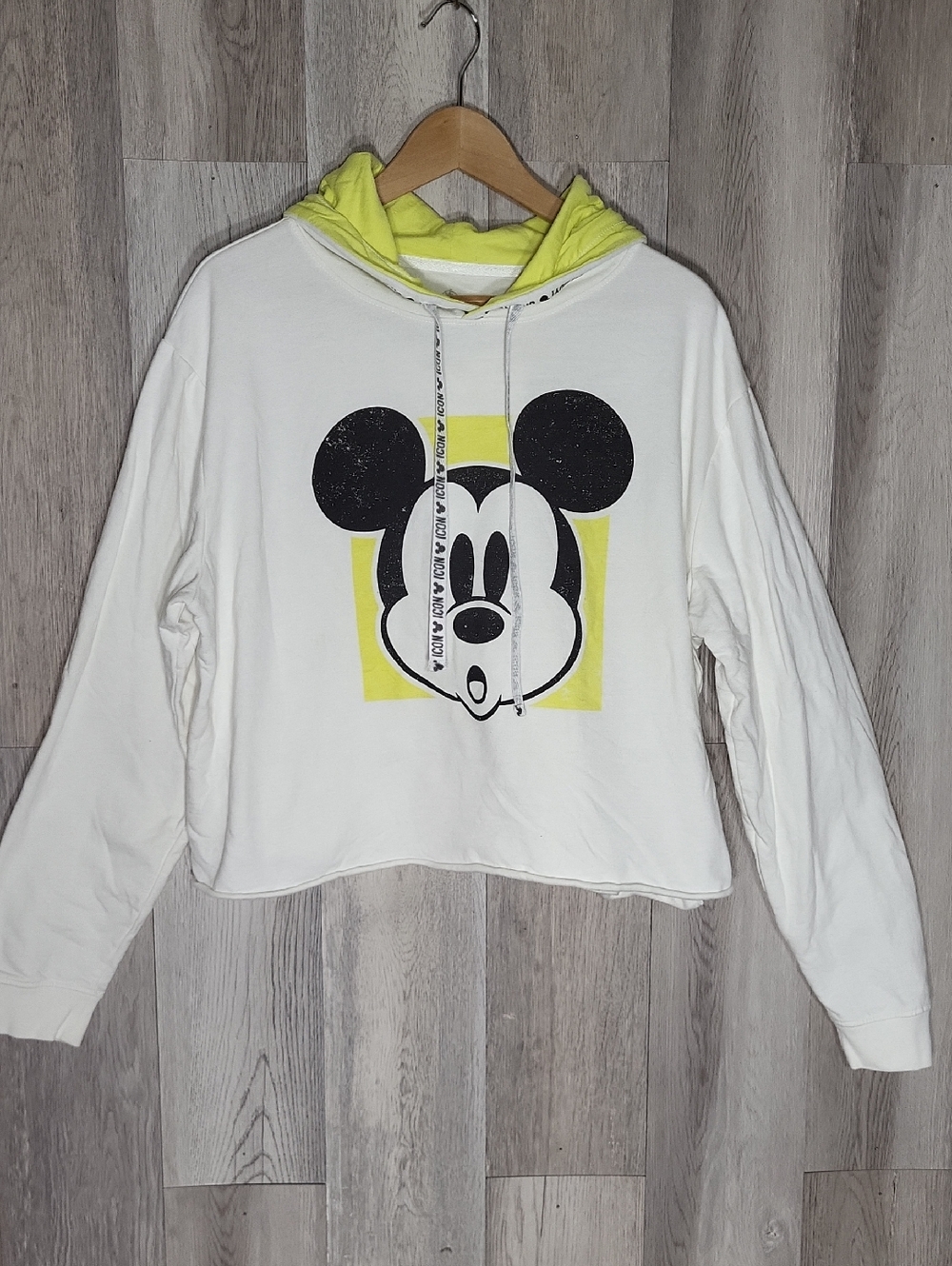 Disney Mickey Mouse Icon Oh Boy Cropped Hoodie White Neon Yellow‎ Graphic Hoodie